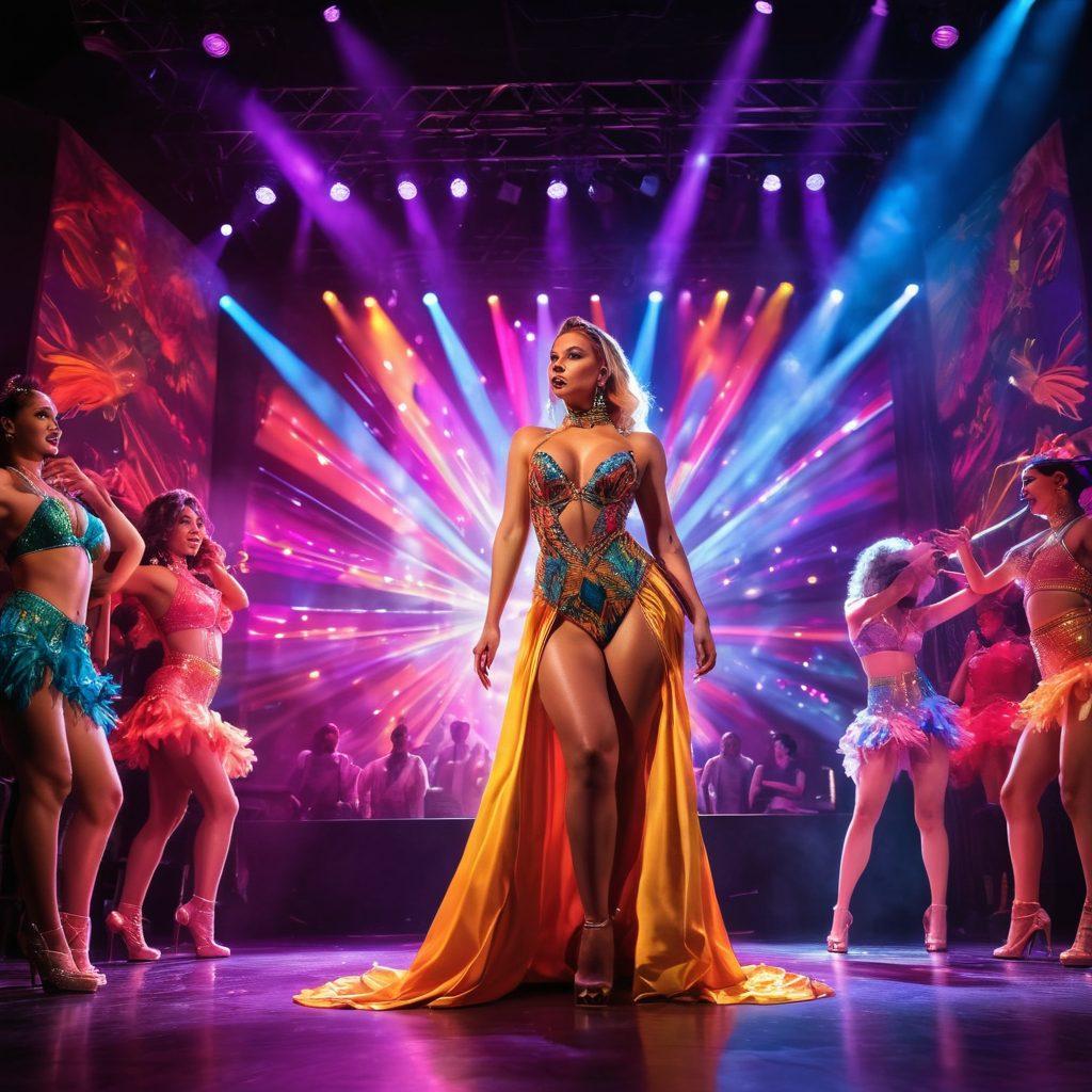 A vibrant stage lit with colorful lights, showcasing a diverse range of performers in an energetic live adult variety show. The atmosphere is electrifying, featuring elements of glamour and seduction with striking costumes and captivating expressions. In the foreground, an audience captivated by the performance, with a mixture of awe and excitement on their faces. The background pulsates with colorful graphics and abstract designs, illustrating the essence of sensuality and allure. super-realistic. vibrant colors. dynamic lighting.